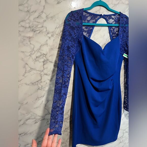 NEW GUESS Lace Sleeve Scuba Crepe Sheath Dress, Cobalt, Size 14 Long Sleeves - Picture 5 of 15